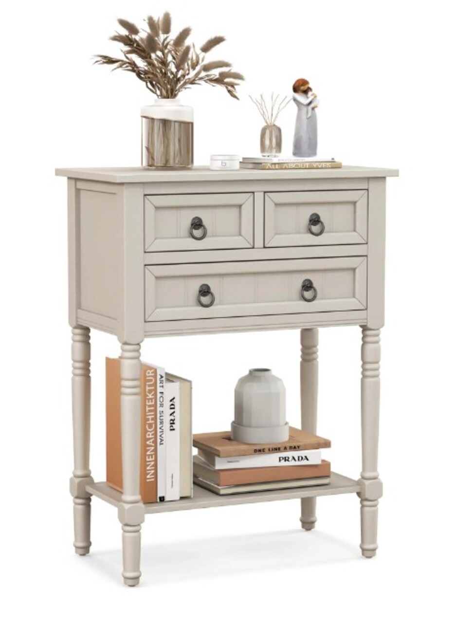 Beige Console Entryway Table with 3 Drawers and an Open Shelf for Hallway Living Room